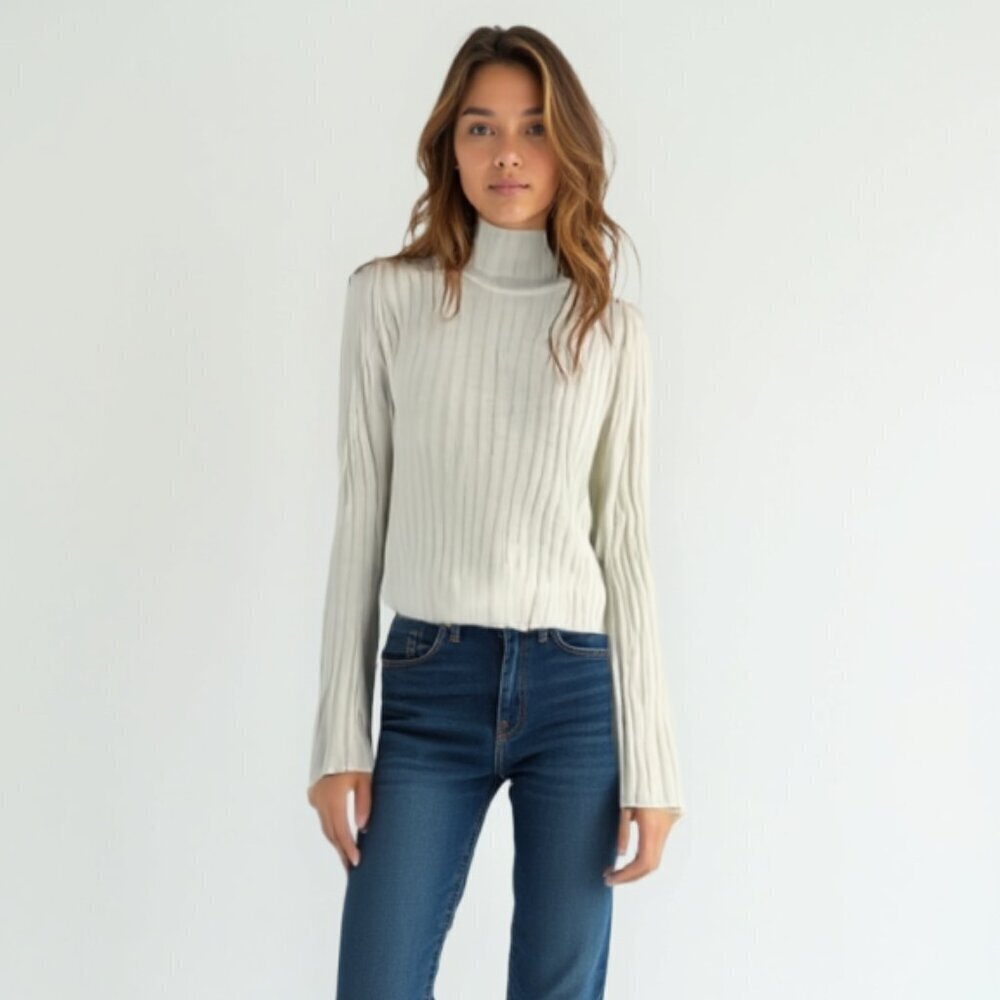 ZARA Wool Blend Ribbed Mock Neck Sweater Cream Bell Sleeve Academia Aesthetic S